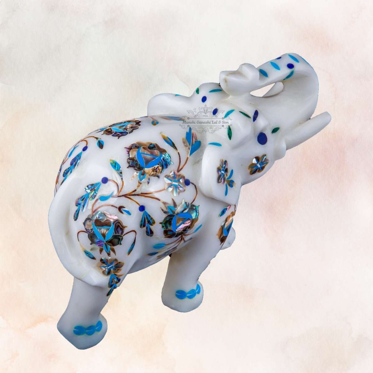 Sky Blue Flower Designed with Golden Leaves Marble Elephant